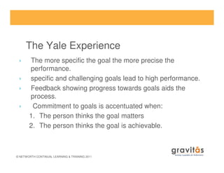 The Yale Experience
› The more specific the goal the more precise the
performance.
› specific and challenging goals lead to high performance.
› Feedback showing progress towards goals aids the
© NETWORTH CONTINUAL LEARNING & TRAINING 2011
› Feedback showing progress towards goals aids the
process.
› Commitment to goals is accentuated when:
1. The person thinks the goal matters
2. The person thinks the goal is achievable.
 