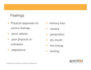 Feelings
Physical responses for
various feelings:
panic attacks
memory loss
nausea
perspiration
© NETWORTH CONTINUAL LEARN...