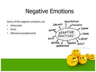 Negative Emotions
Some of the negative emotions are
• Exhausted
• Panic
• Obnoxious(unpleasant)
 