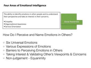 How Do I Perceive and Name Emotions in Others?
Six Universal Emotions
Various Expressions of Emotions
Barriers to Perceiving Emotions in Others
Taking Interest & Validating Other’s Viewpoints & Concerns
Non-judgement - Equanimity
 