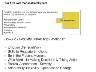 How Do I Regulate Distressing Emotions?
Emotion Dis-regulation
Skills to Regulate Emotions
Be in the Present Moment
Wise Mind - In Making Decisions & Taking Action
Radical Acceptance - Serenity
Adaptability, Flexibility, Openness to Change
 