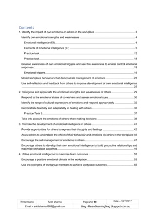 Writer Name Ankit sharma Page 2 of 59 Date – 10/7/2017
Email – ankitsharma1983@gmail.com Blog - lifeandlearningblog.blogspot.com.au
Contents
1. Identify the impact of own emotions on others in the workplace...................................................... 3
Identify own emotional strengths and weaknesses ......................................................................... 4
Emotional intelligence (EI) .......................................................................................................... 4
Elements of Emotional intelligence (EI)....................................................................................... 5
Practice task............................................................................................................................. 12
Practice task............................................................................................................................. 18
Develop awareness of own emotional triggers and use this awareness to enable control emotional
responses .................................................................................................................................... 19
Emotional triggers..................................................................................................................... 19
Model workplace behaviours that demonstrate management of emotions..................................... 23
Use self-reflection and feedback from others to improve development of own emotional intelligence
.................................................................................................................................................... 25
2. Recognise and appreciate the emotional strengths and weaknesses of others ............................. 29
Respond to the emotional states of co-workers and assess emotional cues.................................. 30
Identify the range of cultural expressions of emotions and respond appropriately ......................... 32
Demonstrate flexibility and adaptability in dealing with others ....................................................... 35
Practice Task 3......................................................................................................................... 37
Take into account the emotions of others when making decisions ................................................ 38
3. Promote the development of emotional intelligence in others ....................................................... 41
Provide opportunities for others to express their thoughts and feelings ......................................... 42
Assist others to understand the effect of their behaviour and emotions on others in the workplace 45
Encourage the self-management of emotions in others ................................................................ 47
Encourage others to develop their own emotional intelligence to build productive relationships and
maximise workplace outcomes..................................................................................................... 49
4. Utilise emotional intelligence to maximise team outcomes............................................................ 52
Encourage a positive emotional climate in the workplace.............................................................. 53
Use the strengths of workgroup members to achieve workplace outcomes ................................... 55
 