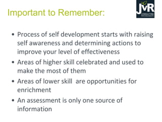 Important to Remember:
• Process of self development starts with raising
self awareness and determining actions to
improve your level of effectiveness
• Areas of higher skill celebrated and used to
make the most of them
• Areas of lower skill are opportunities for
enrichment
• An assessment is only one source of
information
 