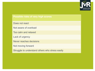 Possible risks of very high scores
Does not react
Not aware of overload
Too calm and relaxed
Lack of urgency
Never reaches decisions
Not moving forward
Struggle to understand others who stress easily
 