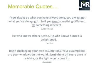 Memorable  Quotes…
If you always do what you have always done, you always get
what  you’ve  always  got.    So  if  you  want something different,
do something different.
Anonymous
He who knows others is wise. He who knows himself is
enlightened.
Lao Tzu
Begin challenging your own assumptions. Your assumptions
are your windows on the world. Scrub them off every once in
a while, or the light won't come in.
Alan Alda
 