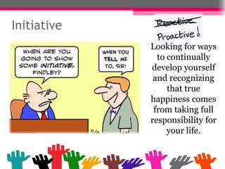 Initiative
Looking for ways
to continually
develop yourself
and recognizing
that true
happiness comes
from taking full
responsibility for
your life.
 
