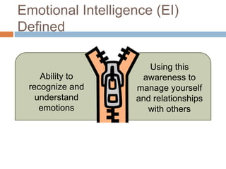 Emotional Intelligence (EI)
Defined
Ability to
recognize and
understand
emotions
Using this
awareness to
manage yourself
and relationships
with others
 