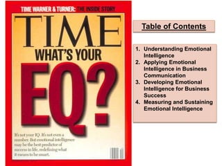 Table of Contents
1. Understanding Emotional
Intelligence
2. Applying Emotional
Intelligence in Business
Communication
3. Developing Emotional
Intelligence for Business
Success
4. Measuring and Sustaining
Emotional Intelligence
 