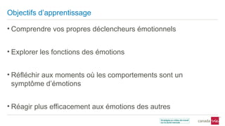 Objectifs d’apprentissage
• Comprendre vos propres déclencheurs émotionnels
• Explorer les fonctions des émotions
• Réfléchir aux moments où les comportements sont un
symptôme d’émotions
• Réagir plus efficacement aux émotions des autres
 