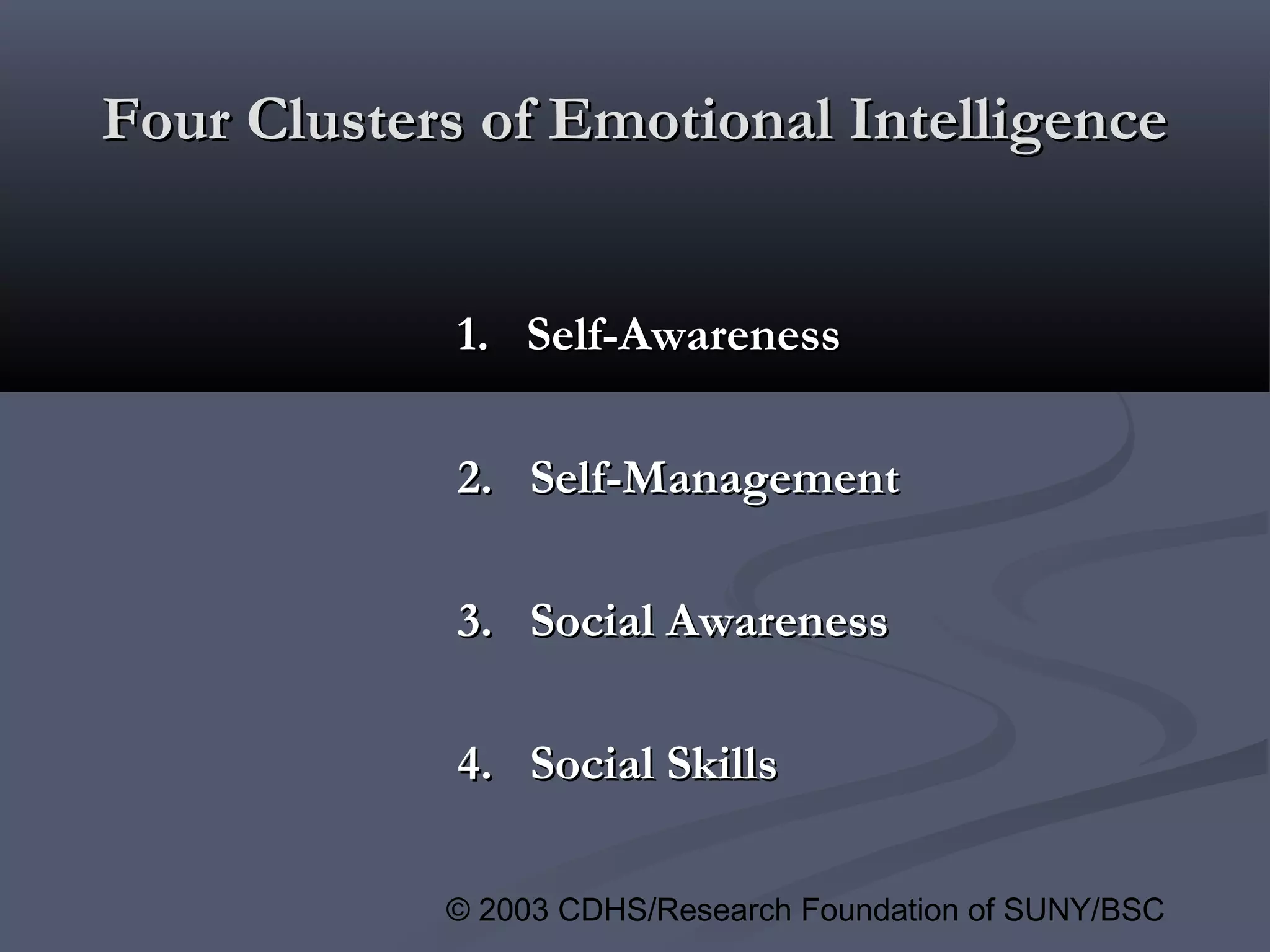 © 2003 CDHS/Research Foundation of SUNY/BSC
Four Clusters of Emotional IntelligenceFour Clusters of Emotional Intelligence
1. Self-Awareness1. Self-Awareness
2. Self-Management2. Self-Management
3. Social Awareness3. Social Awareness
4. Social Skills4. Social Skills
 
