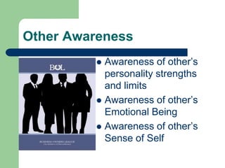 Other Awareness
Awareness of other’s
personality strengths
and limits
 Awareness of other’s
Emotional Being
 Awareness of other’s
Sense of Self


 