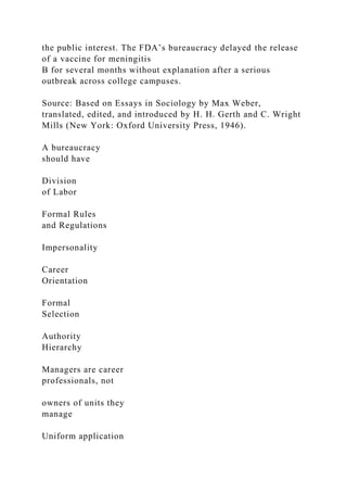 the public interest. The FDA’s bureaucracy delayed the release
of a vaccine for meningitis
B for several months without explanation after a serious
outbreak across college campuses.
Source: Based on Essays in Sociology by Max Weber,
translated, edited, and introduced by H. H. Gerth and C. Wright
Mills (New York: Oxford University Press, 1946).
A bureaucracy
should have
Division
of Labor
Formal Rules
and Regulations
Impersonality
Career
Orientation
Formal
Selection
Authority
Hierarchy
Managers are career
professionals, not
owners of units they
manage
Uniform application
 