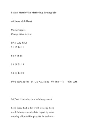 Payoff MatrixVisa Marketing Strategy (in
millions of dollars)
MasterCard’s
Competitive Action
CA1 CA2 CA3
S1 13 14 11
S2 9 15 18
S3 24 21 15
S4 18 14 28
M02_ROBB5839_14_GE_C02.indd 93 08/07/17 10:41 AM
94 Part 1 Introduction to Management
been made had a different strategy been
used. Managers calculate regret by sub-
tracting all possible payoffs in each cat-
 
