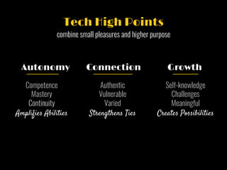 Self-knowledge
Challenges
Meaningful
Creates Possibilities
Growth
Competence
Mastery
Continuity
Amplifies Abilities
Autonomy
Authentic
Vulnerable
Varied
Strengthens Ties
Connection
Tech High Points
combine small pleasures and higher purpose
 
