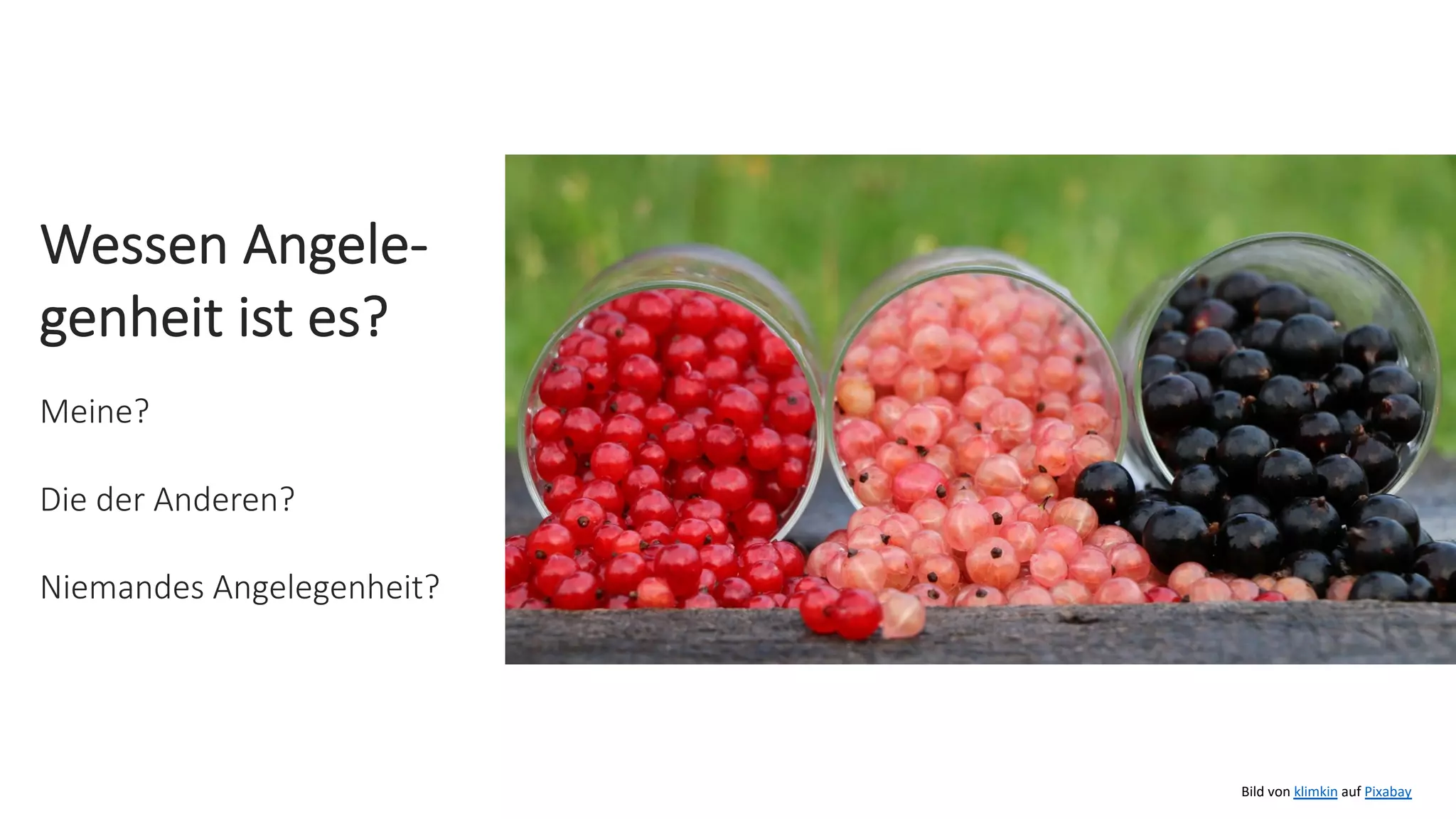 Bild von klimkin auf Pixabay
Wessen Angele-
genheit ist es?
Meine?
Die der Anderen?
Niemandes Angelegenheit?
 