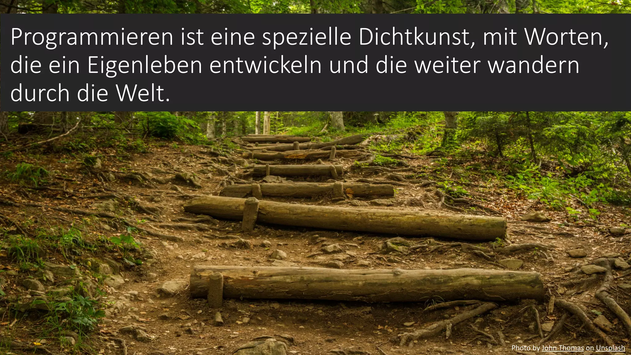 Programmieren ist eine spezielle Dichtkunst, mit Worten,
die ein Eigenleben entwickeln und die weiter wandern
durch die Welt.
Photo by John Thomas on Unsplash
 