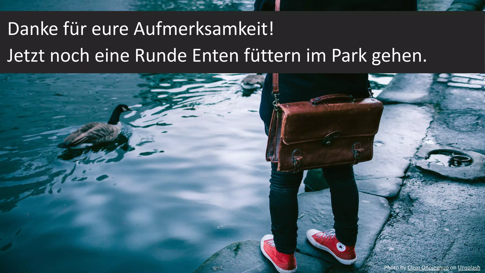 Danke für eure Aufmerksamkeit!
Jetzt noch eine Runde Enten füttern im Park gehen.
Photo by Clem Onojeghuo on Unsplash
 