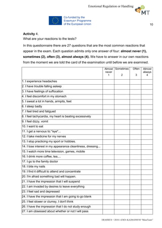 10
ERASMUS + 2018-1-ESO1-KA204-050530 “MuseTeam”
Emotional Regulation or Handling
Activity 4.
What are your reactions to the tests?
In this questionnaire there are 27 questions that are the most common reactions that
appear in the exam. Each question admits only one answer of four: almost never (1),
sometimes (2), often (3), almost always (4). We have to answer in our own reactions
from the moment we are told the card of the examination until before we are examined.
Almost
never
1
Sometimes
2
Often
3
Almost
always
4
1. I experience headaches
2. I have trouble falling asleep
3. I have feelings of suffocation
4. I feel discomfort in my stomach
5. I sweat a lot in hands, armpits, feet
6. I sleep badly
7. I feel tired and fatigued
8. I feel tachycardia, my heart is beating excessively
9. I feel dizzy, vomit
10. I want to eat
11. I get a nervous tic "eye"...
12. I take medicine for my nerves
13. I stop practicing my sport or hobbies.
14. I lose interest in my appearance cleanliness, dressing...
15. I watch more time television, games, mobile
16. I drink more coffee, tea,...
17. I go to the family doctor
18. I bite my nails
19. I find it difficult to attend and concentrate
20. I'm afraid something bad will happen.
21. I have the impression that I will suspend
22. I am invaded by desires to leave everything
23. I feel sad and depressed
24. I have the impression that I am going to go blank
25. I feel slower or clumsy, I don't think
26. I have the impression that I do not study enough
27. I am obsessed about whether or not I will pass
 