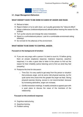 25
ERASMUS + 2018-1-ESO1-KA204-050530 “MuseTeam”
Emotional Regulation or Handling
3.1. Anger Management Behaviors
WHAT DOESN'T HAVE TO BE DONE IN CASES OF ANGER AND RAGE.
 Refuse to listen.
 Reject irritation or try to calm down, as it usually generates the "rebound effect".
 Adopt a defensive (institutional/personal) attitude before hearing the reason for the
problem.
 Turn up the volume and change the voice modulation.
 Stand in a confrontational posture. Look for a comfortable environment sitting
sideways.
 Do not look for the alliances of the environment.
WHAT NEEDS TO BE DONE TO CONTROL ANGER:
Focused on the background of emotion
 If you are very angry with a person it is best to count to 10 before giving
them an answer (explosive response, implosive response, assertive
response). It is also a good idea to listen to the person to find out the
reason for their irritability (active listening) and to find out what they feel
(empathy).
 Postpone the time for discussion:
o Time Out. It is very useful to get away from the person or situation
that produces anger, and do some mild physical exercise, but for
quite some time (more time the greater the anger we feel). Strong
physical exercise (boxing, soccer) is not recommended, because
by increasing adrenaline, anger can increase.
o Conflict resolution meetings. A weekly schedule is agreed upon with
a quiet place to discuss the views of the members of the
relationship.
Focused on the emotional response
 Cognitive restructuring.
 Assertive training.
 Problem solving
 