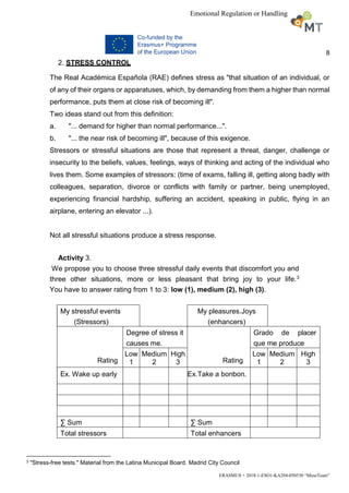 8
ERASMUS + 2018-1-ESO1-KA204-050530 “MuseTeam”
Emotional Regulation or Handling
2. STRESS CONTROL
The Real Académica Española (RAE) defines stress as "that situation of an individual, or
of any of their organs or apparatuses, which, by demanding from them a higher than normal
performance, puts them at close risk of becoming ill".
Two ideas stand out from this definition:
a. "... demand for higher than normal performance...".
b. "... the near risk of becoming ill", because of this exigence.
Stressors or stressful situations are those that represent a threat, danger, challenge or
insecurity to the beliefs, values, feelings, ways of thinking and acting of the individual who
lives them. Some examples of stressors: (time of exams, falling ill, getting along badly with
colleagues, separation, divorce or conflicts with family or partner, being unemployed,
experiencing financial hardship, suffering an accident, speaking in public, flying in an
airplane, entering an elevator ...).
Not all stressful situations produce a stress response.
Activity 3.
We propose you to choose three stressful daily events that discomfort you and
three other situations, more or less pleasant that bring joy to your life.3
You have to answer rating from 1 to 3: low (1), medium (2), high (3).
3 "Stress-free tests." Material from the Latina Municipal Board. Madrid City Council
My stressful events
(Stressors)
My pleasures.Joys
(enhancers)
Rating
Degree of stress it
causes me.
Rating
Grado de placer
que me produce
Low
1
Medium
2
High
3
Low
1
Medium
2
High
3
Ex. Wake up early Ex.Take a bonbon.
∑ Sum ∑ Sum
Total stressors Total enhancers
 
