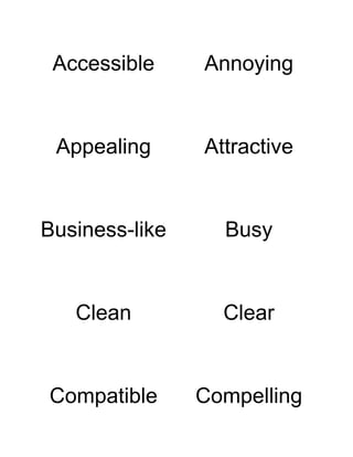 Accessible	
     Annoying


 Appealing        Attractive


Business-like       Busy


    Clean           Clear


Compatible        Compelling
 