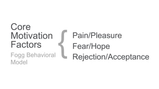 Core
Motivation
Factors
Fogg Behavioral
Model
Pain/Pleasure
Fear/Hope
Rejection/Acceptance
{
 
