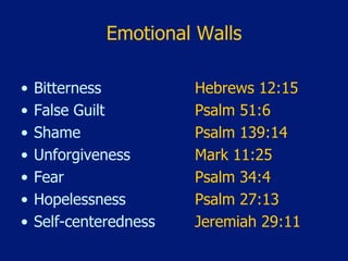 Emotional Walls
• Bitterness Hebrews 12:15
• False Guilt Psalm 51:6
• Shame Psalm 139:14
• Unforgiveness Mark 11:25
• Fear Psalm 34:4
• Hopelessness Psalm 27:13
• Self-centeredness Jeremiah 29:11
 