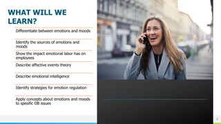 NAME OR LOGO
WHAT WILL WE
LEARN?
2
Differentiate between emotions and moods
Identify the sources of emotions and
moods
Show the impact emotional labor has on
employees
Describe affective events theory
Describe emotional intelligence
Identify strategies for emotion regulation
Apply concepts about emotions and moods
to spesific OB issues
 