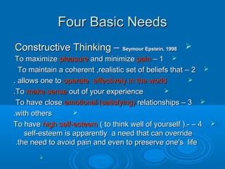 Four Basic NeedsFour Basic Needs
Constructive Thinking –Constructive Thinking – Seymour Epstein, 1998Seymour Epstein, 1998..
11––To maximizeTo maximize pleasurepleasure and minimizeand minimize painpain..
22––To maintain a coherent ,realistic set of beliefs thatTo maintain a coherent ,realistic set of beliefs that
allows one toallows one to operate effectively in the worldoperate effectively in the world..
ToTo make sensemake sense out of your experienceout of your experience..
33––To have closeTo have close emotional (satisfying)emotional (satisfying) relationshipsrelationships
with otherswith others..
44––To haveTo have high self-esteemhigh self-esteem ( to( to think well of yourself ).-think well of yourself ).-
self-esteem is apparently a need that can overrideself-esteem is apparently a need that can override
the need to avoid pain and even to preserve one's lifethe need to avoid pain and even to preserve one's life..

 