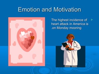 Emotion and MotivationEmotion and Motivation
The highest incidence ofThe highest incidence of
heart attack in America isheart attack in America is
on Monday mooringon Monday mooring..
 