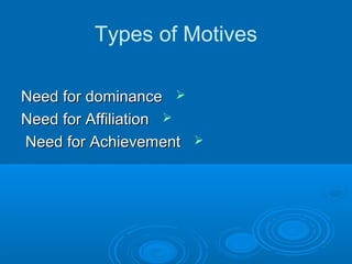 Types of Motives
Need for dominanceNeed for dominance
Need for AffiliationNeed for Affiliation
Need for AchievementNeed for Achievement
 