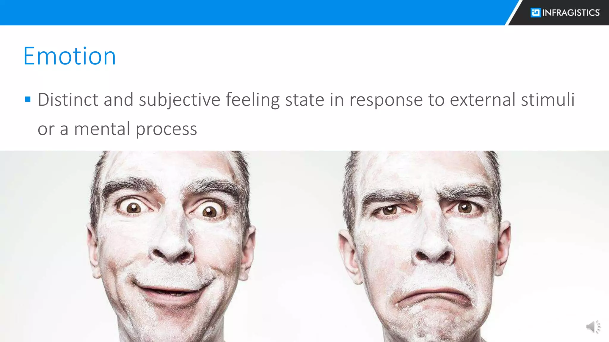 14
Emotion
 Distinct and subjective feeling state in response to external stimuli
or a mental process
 