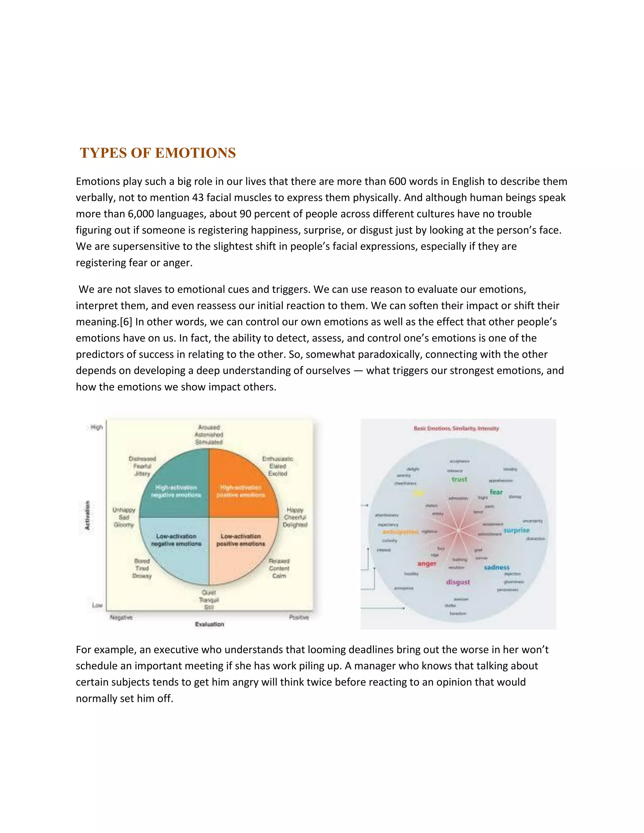 TYPES OF EMOTIONS
Emotions play such a big role in our lives that there are more than 600 words in English to describe them
verbally, not to mention 43 facial muscles to express them physically. And although human beings speak
more than 6,000 languages, about 90 percent of people across different cultures have no trouble
figuring out if someone is registering happiness, surprise, or disgust just by looking at the person’s face.
We are supersensitive to the slightest shift in people’s facial expressions, especially if they are
registering fear or anger.
We are not slaves to emotional cues and triggers. We can use reason to evaluate our emotions,
interpret them, and even reassess our initial reaction to them. We can soften their impact or shift their
meaning.[6] In other words, we can control our own emotions as well as the effect that other people’s
emotions have on us. In fact, the ability to detect, assess, and control one’s emotions is one of the
predictors of success in relating to the other. So, somewhat paradoxically, connecting with the other
depends on developing a deep understanding of ourselves — what triggers our strongest emotions, and
how the emotions we show impact others.
For example, an executive who understands that looming deadlines bring out the worse in her won’t
schedule an important meeting if she has work piling up. A manager who knows that talking about
certain subjects tends to get him angry will think twice before reacting to an opinion that would
normally set him off.
 