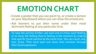 EMOTION CHART
•Create a poster that you can point to, or create a section
on your blackboard where you can draw the emoticons
•Ask learners to put their name under their most
dominant feeling at any particular time.
• To take the activity further: ask each one to mimic each feeling,
or to show the feeling they’re feeling in the moment by making
that specific facial reaction at the same time. You can count: one,
two, three. Then have each one show their emotion through
their facial expression
 