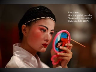 Cantonese
-k at the end of particles
“An emotion intensifier”
(Sybesma & Li, 2007)
 