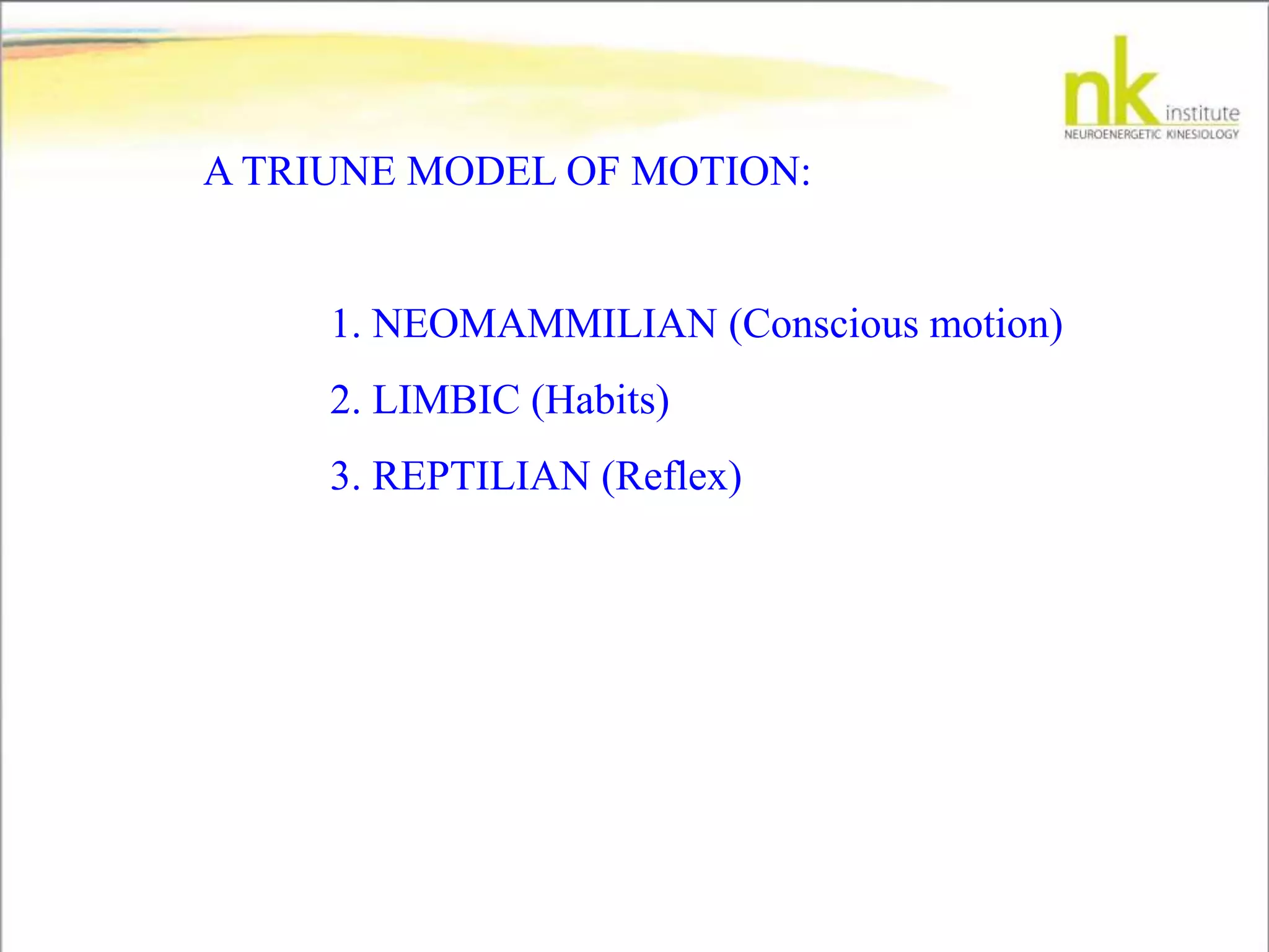 A TRIUNE MODEL OF MOTION:
1. NEOMAMMILIAN (Conscious motion)
2. LIMBIC (Habits)
3. REPTILIAN (Reflex)
 