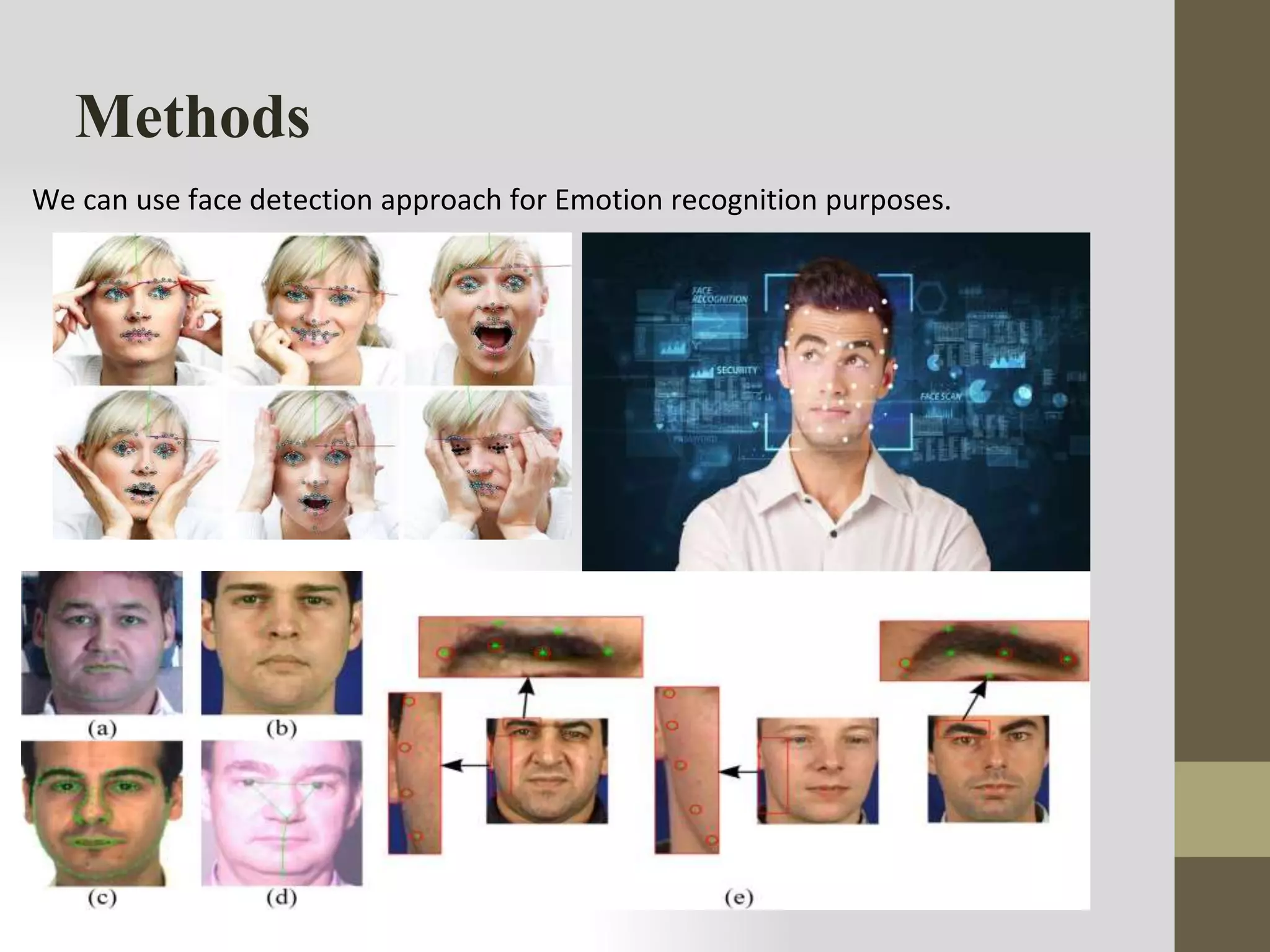 Methods
We can use face detection approach for Emotion recognition purposes.
 