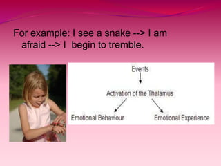 For example: I see a snake --> I am
afraid --> I begin to tremble.
 