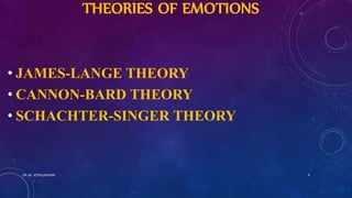 THEORIES OF EMOTIONS
• JAMES-LANGE THEORY
• CANNON-BARD THEORY
• SCHACHTER-SINGER THEORY
DR. M. JOTHILAKSHMI 9
 