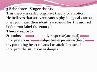3-Schachter –Singer theory:-
This theory is called cognitive theory of emotion.
He believes that an event causes physiological arousal
,that you must then identify a reason for the arousal
before you label the emotion.
Theory report:-
Stimulus body response(arousal)
interpretation subjective experience (fear)
my pounding heart means I m afraid because I
interpret the situation as danger
 