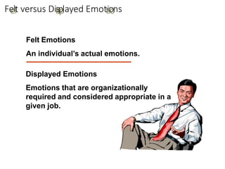 Fe
ellt versus Diis
sp
played Emottiio
ons
Felt Emotions
An individual’s actual emotions.
Displayed Emotions
Emotions that are organizationally
required and considered appropriate in a
given job.
 