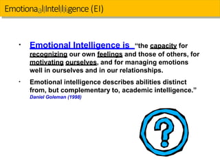 ▪ Emotional Intelligence is “the capacity for
recognizing our own feelings and those of others, for
motivating ourselves, and for managing emotions
well in ourselves and in our relationships.
Emotional intelligence describes abilities distinct
from, but complementary to, academic intelligence.”
Daniel Goleman (1998)
▪
EmotionaallIntelllliigence (EI)
 