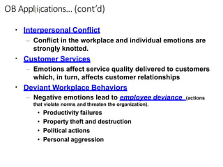 OB Applliications… (cont’d)
▪
▪
▪ Interpersonal Conflict
– Conflict in the workplace and individual emotions are
strongly knotted.
Customer Services
– Emotions affect service quality delivered to customers
which, in turn, affects customer relationships
Deviant Workplace Behaviors
– Negative emotions lead to employee deviance (actions
that violate norms and threaten the organization).
• Productivity failures
• Property theft and destruction
• Political actions
• Personal aggression
 