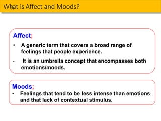 Wh
hat is Affect and Moods?
Affect;
• A generic term that covers a broad range of
feelings that people experience.
• It is an umbrella concept that encompasses both
emotions/moods.
Moods;
• Feelings that tend to be less intense than emotions
and that lack of contextual stimulus.
 