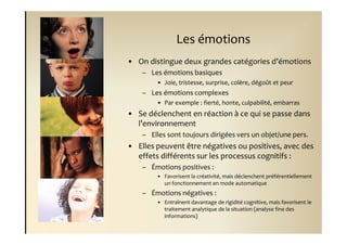 Les émotions
• On distingue deux grandes catégories d’émotions
    – Les émotions basiques
        • Joie, tristesse, surprise, colère, dégoût et peur
    – Les émotions complexes
        • Par exemple : fierté, honte, culpabilité, embarras
• Se déclenchent en réaction à ce qui se passe dans
  l’environnement
    – Elles sont toujours dirigées vers un objet/une pers.
• Elles peuvent être négatives ou positives, avec des
  effets différents sur les processus cognitifs :
    – Émotions positives :
        • Favorisent la créativité, mais déclenchent préférentiellement
          un fonctionnement en mode automatique
    – Émotions négatives :
        • Entraînent davantage de rigidité cognitive, mais favorisent le
          traitement analytique de la situation (analyse fine des
          informations)
 