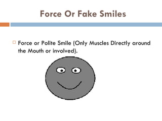 Force Or Fake Smiles Force or Polite Smile (Only Muscles Directly around the Mouth or involved). 
