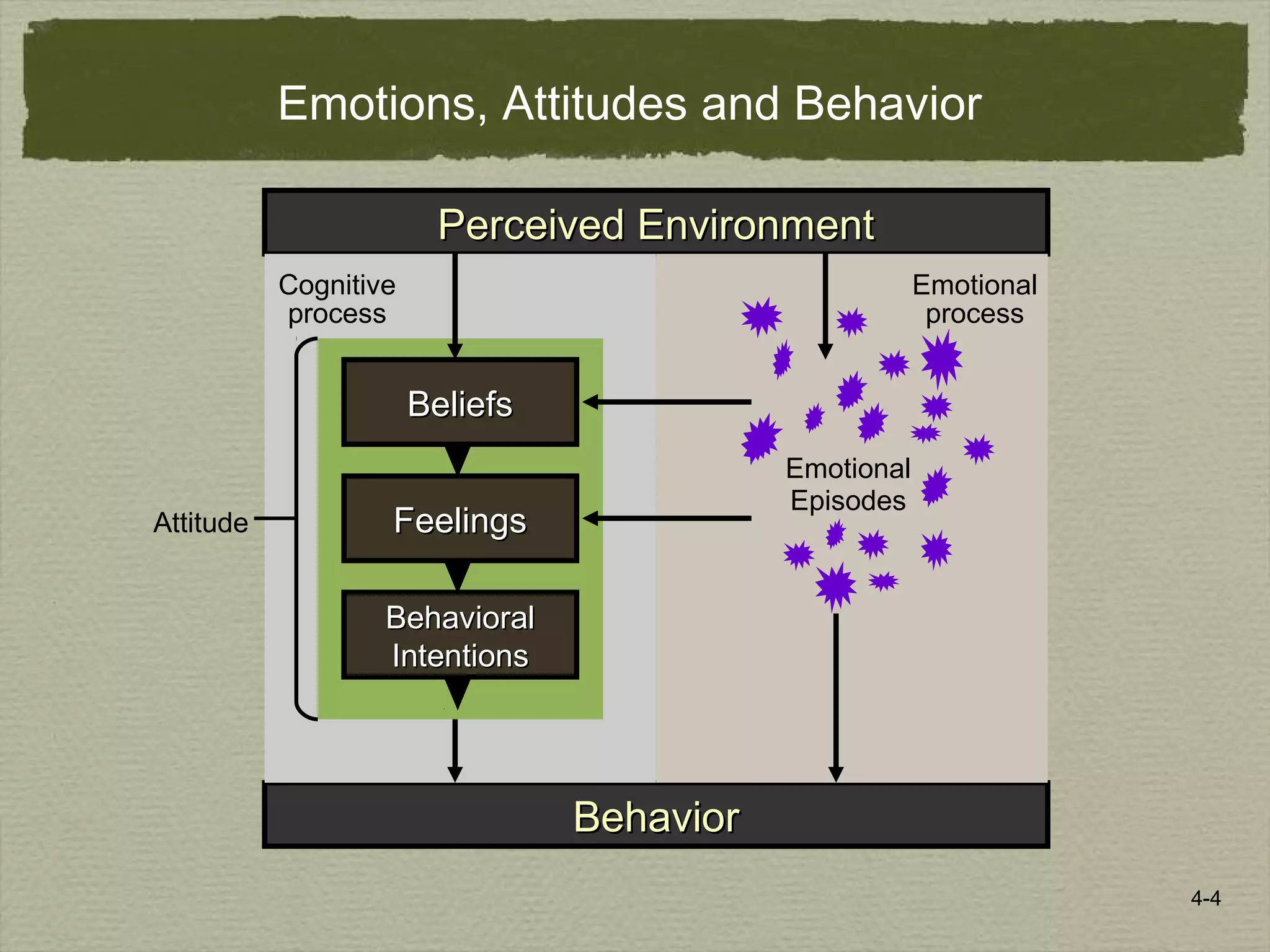 4-4
BehaviorBehavior
Emotions, Attitudes and Behavior
Perceived EnvironmentPerceived Environment
Attitude FeelingsFeelings
BeliefsBeliefs
BehavioralBehavioral
IntentionsIntentions
Cognitive
process
Emotional
process
Emotional
Episodes
 