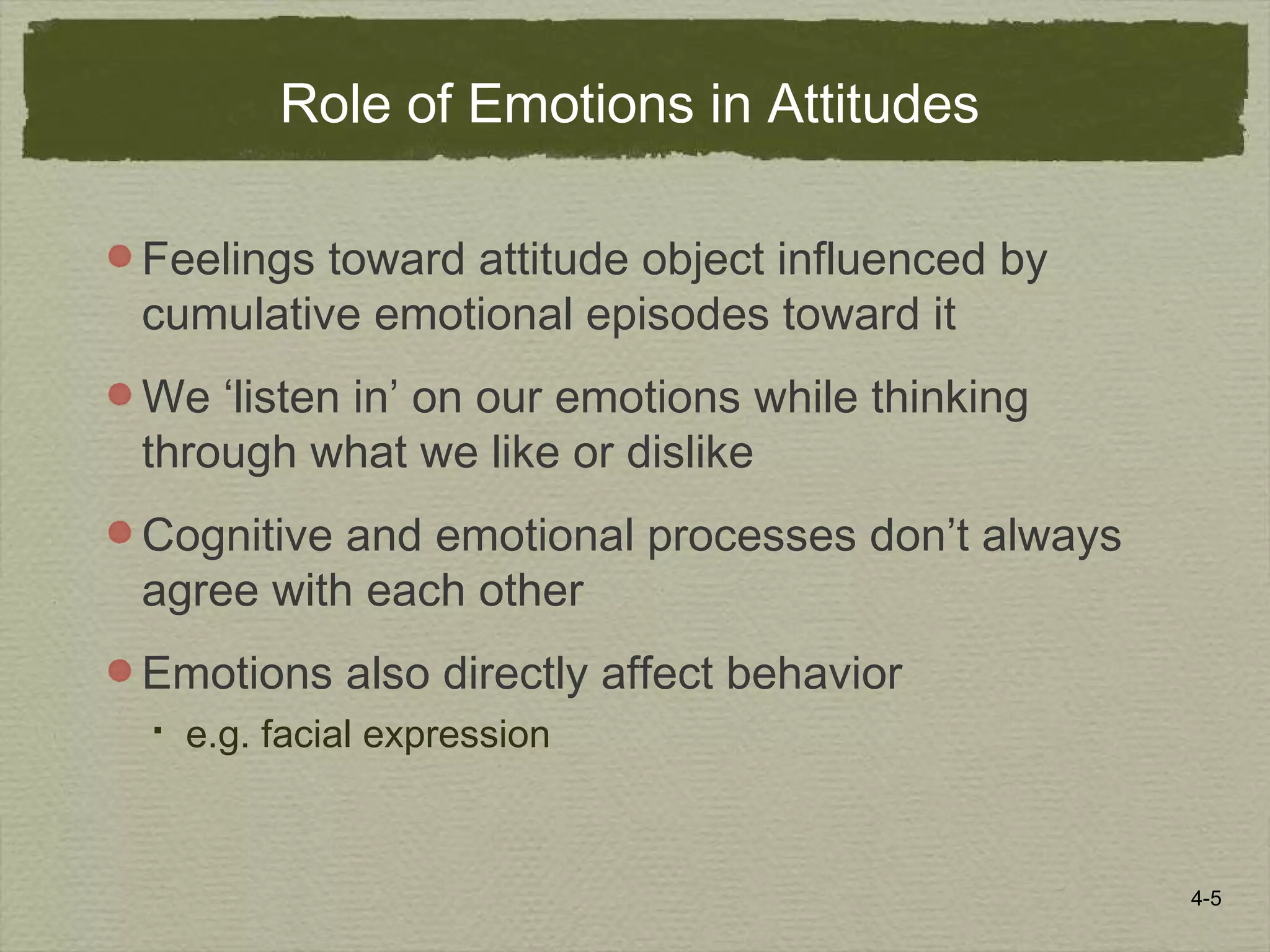 4-5
Role of Emotions in Attitudes
Feelings toward attitude object influenced by
cumulative emotional episodes toward it
We ‘listen in’ on our emotions while thinking
through what we like or dislike
Cognitive and emotional processes don’t always
agree with each other
Emotions also directly affect behavior
 e.g. facial expression
 