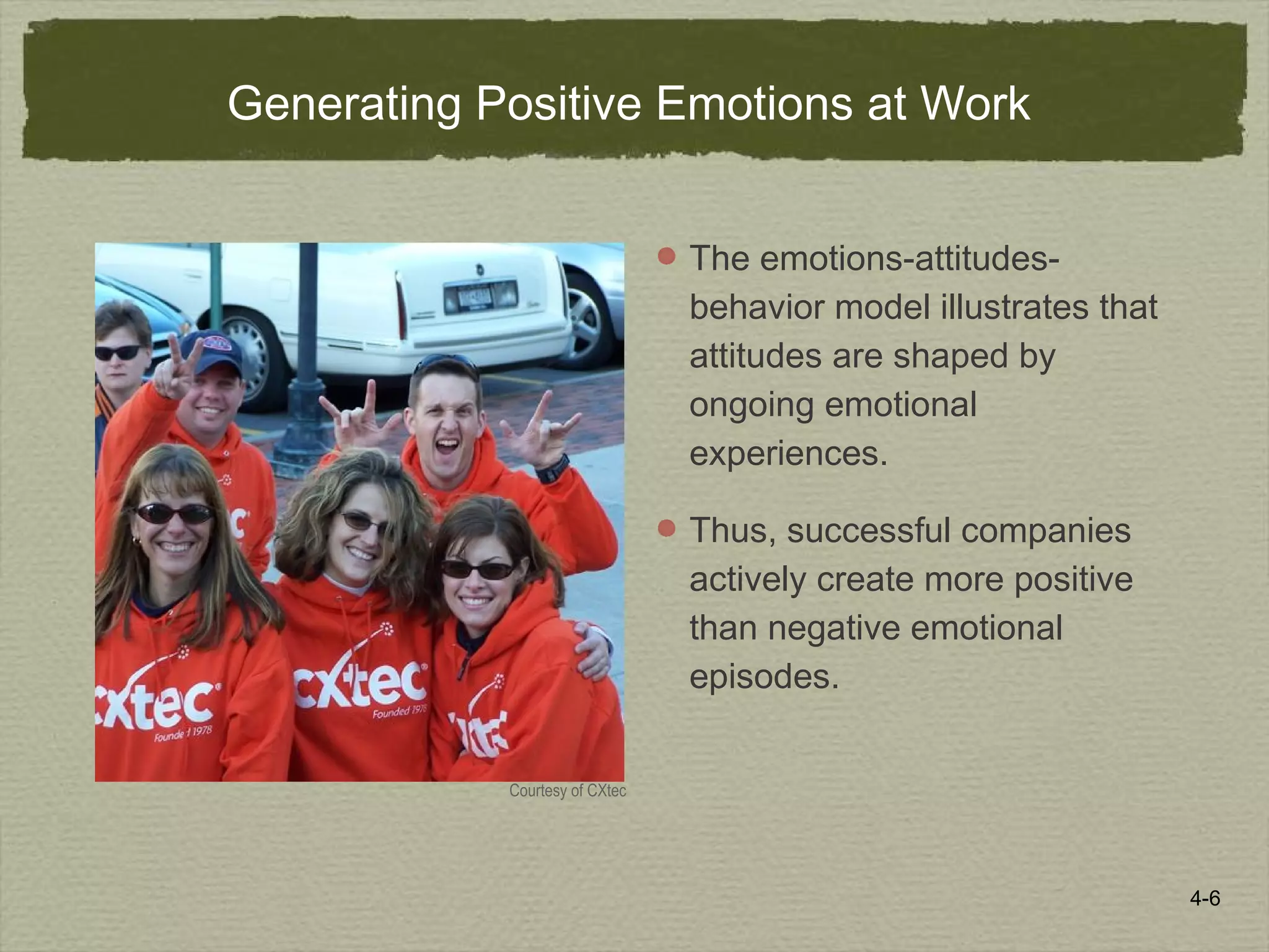 4-6
Generating Positive Emotions at Work
The emotions-attitudes-
behavior model illustrates that
attitudes are shaped by
ongoing emotional
experiences.
Thus, successful companies
actively create more positive
than negative emotional
episodes.
Courtesy of CXtec
 