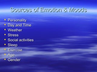 Sources of Emotion & Moods










Personality
Day and Time
Weather
Stress
Social activities
Sleep
Exercise
Age
Gender

 